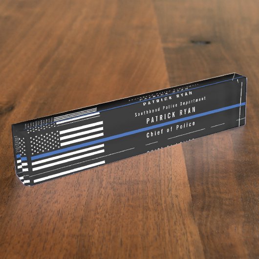 警察の細いブルーラインアメリカ国旗モノグラムの デスクネームプレート (側面)