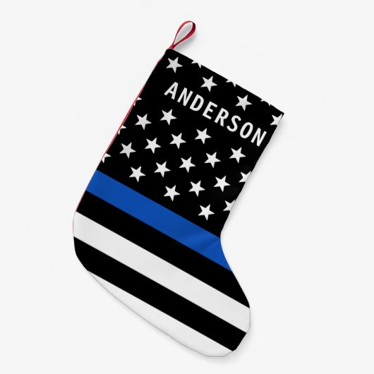 警察の細いブルーラインパーソナライズされたアメリカ国旗 スモールクリスマスストッキング (正面 (吊り時))
