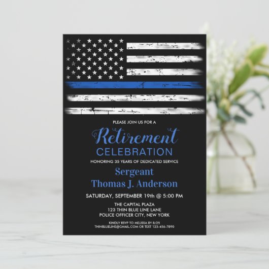 警察の細い青い線のパーソナライズされたフラグの引退 招待状 (スタンド正面)