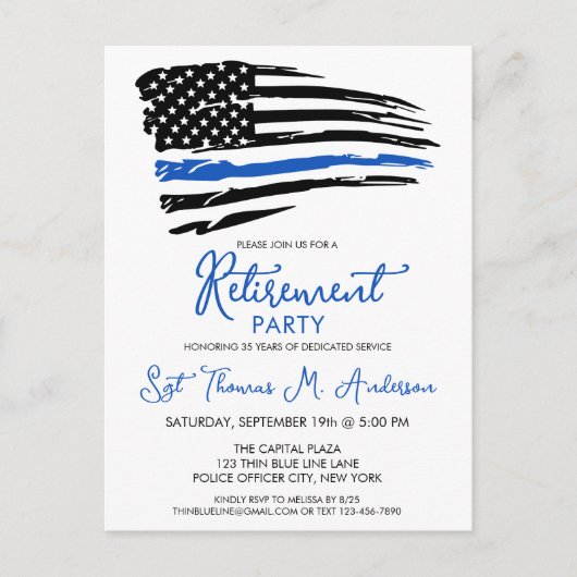 警察の細い青い線のフラグのモダン退職パーティー インビテーションポストカード (正面)