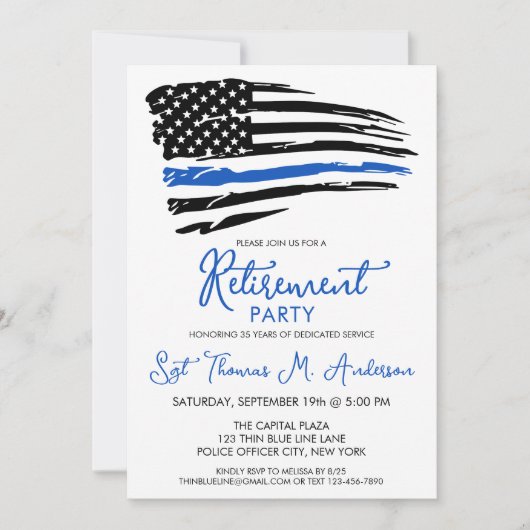 警察の細い青い線のフラグのモダン退職パーティー 招待状 (正面)