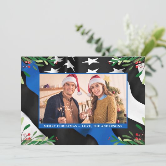 警察の細い青い線のフラグの写真カスタムクリスマス シーズンカード (スタンド正面)