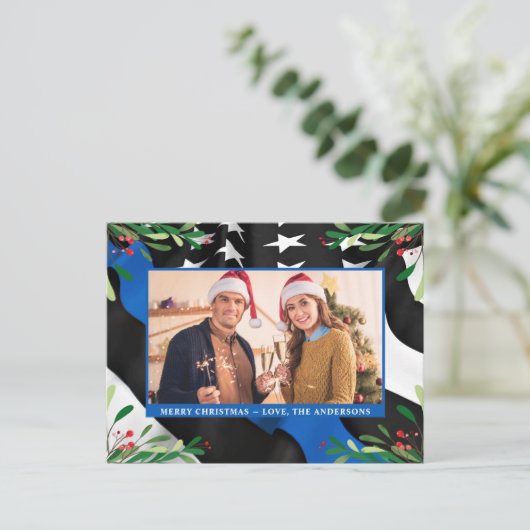 警察の細い青い線のフラグの写真カスタムクリスマス シーズンポストカード (スタンド正面)