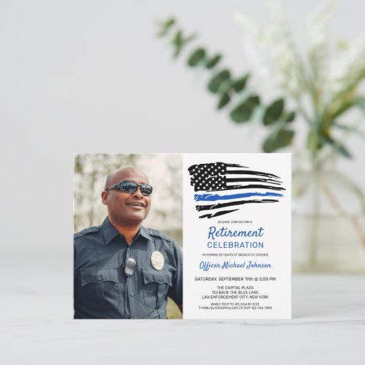 警察の細い青い線のフラグカスタム写真の退職 案内ポストカード (スタンド正面)