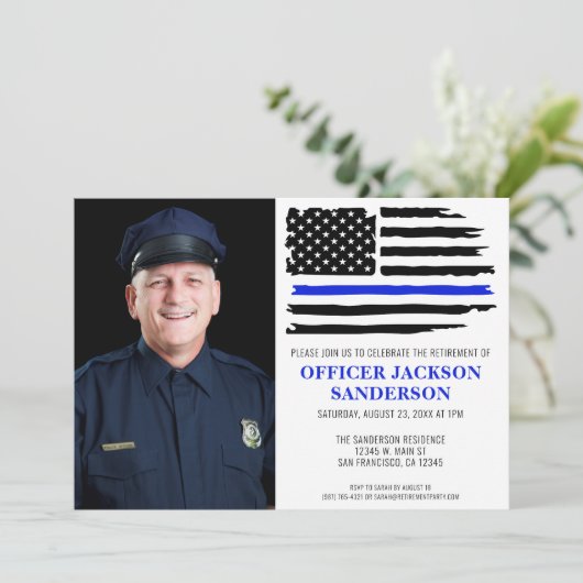 警察の細い青い線のフラグ写真の退職 招待状 (スタンド正面)
