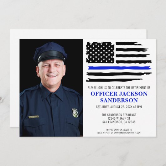 警察の細い青い線のフラグ写真の退職 招待状 (正面/裏面)
