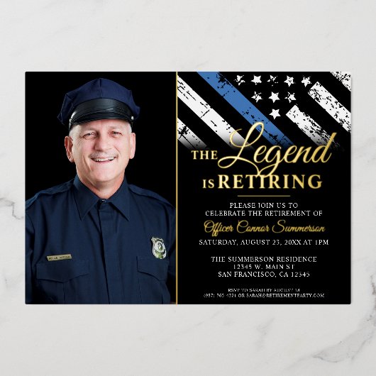警察の細い青い線のフラグ退職写真 箔招待状 (正面)