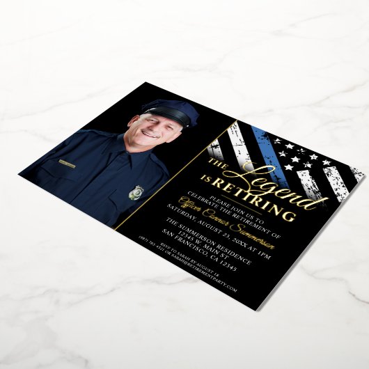 警察の細い青い線のフラグ退職写真 箔招待状 (回転した状態)