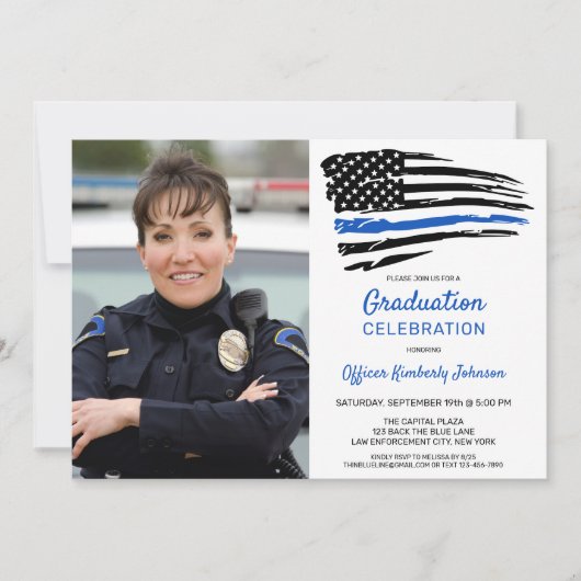 警察の細い青い線の旗カスタムの写真卒業 招待状 (正面)