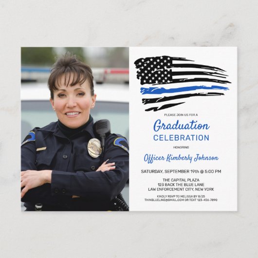 警察の細い青い線の旗カスタムの写真卒業 案内ポストカード (正面)