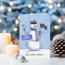 警察の薄い青いラインの旗 メリークリスマス雪だるま