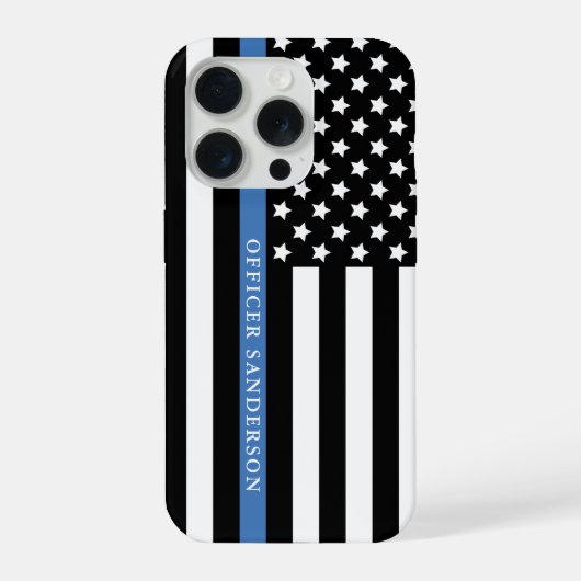 警察の薄い青いラインアメリカ国旗役員名 iPhoneケース (裏面)