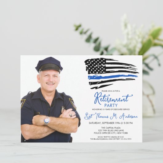 警察の薄い青い線のパーソナライズ写真の退職 招待状 (スタンド正面)