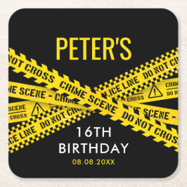 警察の誕生日と黄色の犯罪現場のテープ スクエアペーパーコースター