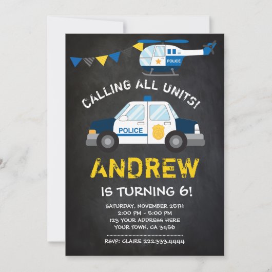 警察の誕生日の招待状、黒板の背景 招待状 (正面)
