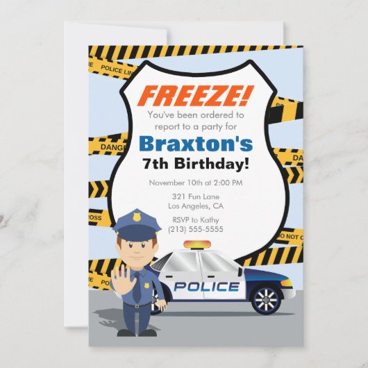 警察の誕生日パーティーの招待状 – FREEZE! 招待状 (正面)
