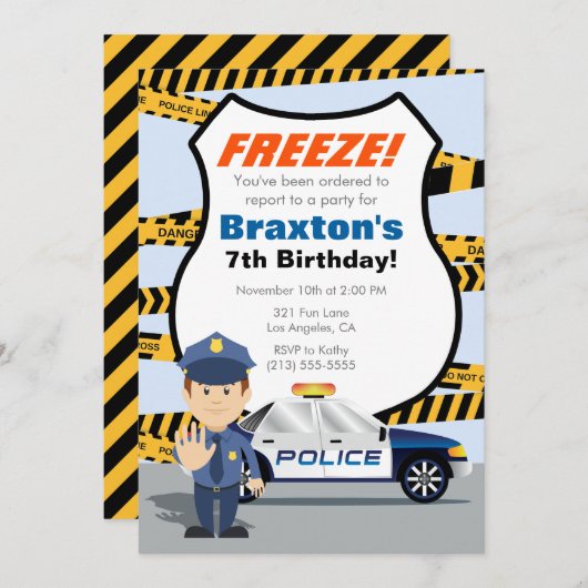警察の誕生日パーティーの招待状 – FREEZE! 招待状 (正面/裏面)
