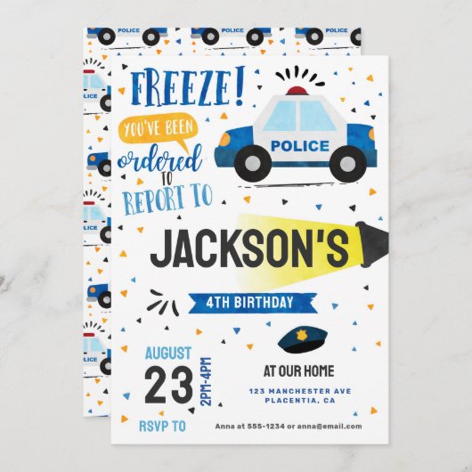 警察の誕生日パーティーの警官と強盗の警官 招待状 (正面/裏面)