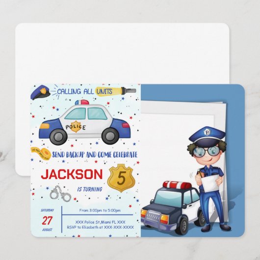 警察の誕生日写真招待状 招待状 (正面/裏面)
