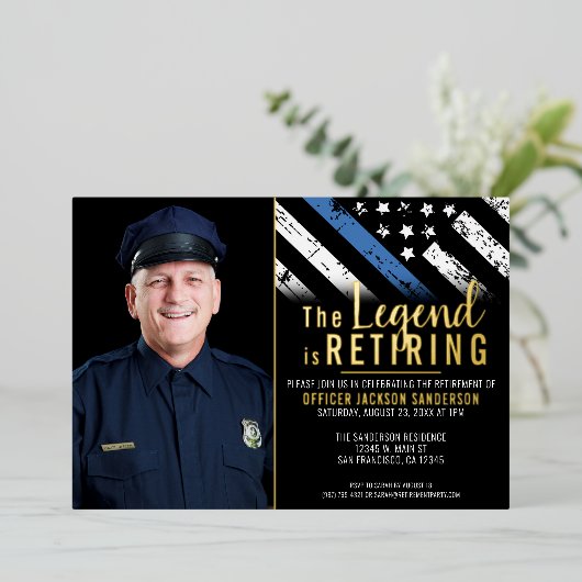 警察の退職の細い青い線のフラグの写真 箔招待状 (立ち正面)