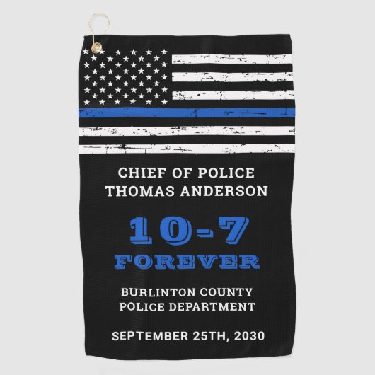 警察の退職ギフトパーソナライズされた薄い青い線 ゴルフタオル (正面)