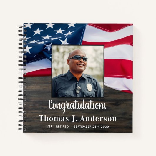 警察の退職パーソナライズされた写真アメリカ国旗 ノートブック (正面)
