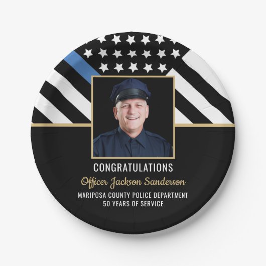 警察の退職パーティー薄い青い線のフラグの写真 ペーパープレート (正面)