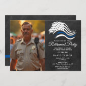 警察の退職パーティー薄い青い線のフラグの写真 招待状 (正面/裏面)