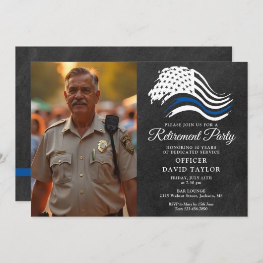 警察の退職パーティー薄い青い線のフラグの写真 招待状 (正面/裏面)
