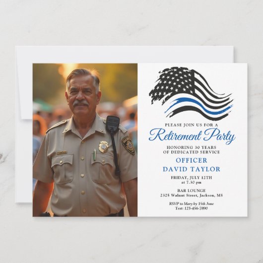 警察の退職パーティー薄い青い線のフラグの写真 招待状 (正面)