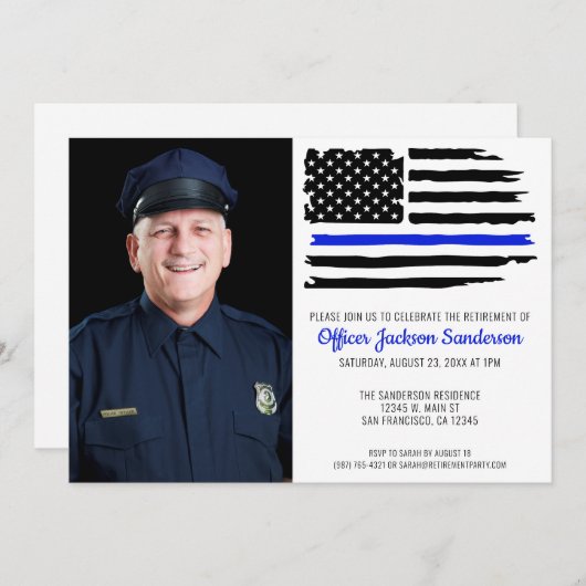 警察の退職パーティー薄い青い線の写真 招待状 (正面/裏面)