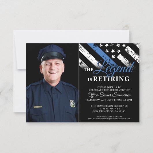 警察の退職パーティー薄い青い線の写真 招待状 (正面)