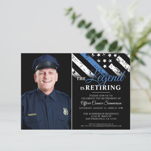 警察の退職パーティー薄い青い線の写真 招待状 (スタンド正面)
