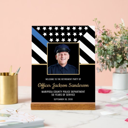 警察の退職ブルーライン国旗の写真ようこそ アクリルサイン (ウェディング)