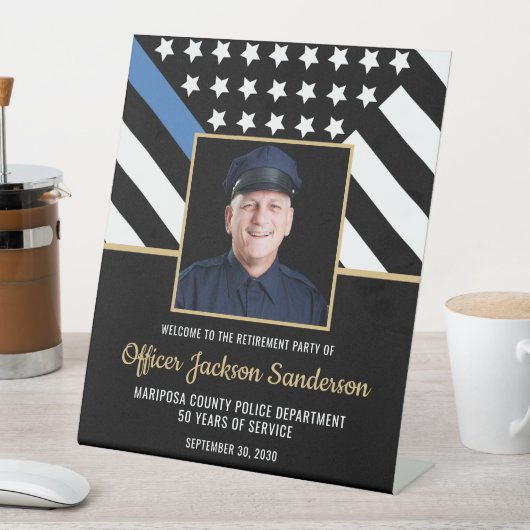 警察の退職ブルーライン国旗の写真ようこそ 台座サイン (インサイチュ)