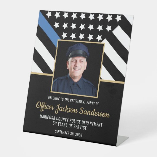 警察の退職ブルーライン国旗の写真ようこそ 台座サイン (正面)