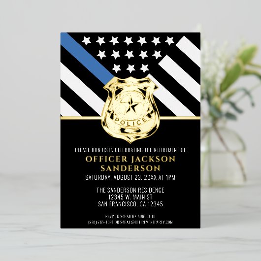警察の退職ブルーライン旗法執行部 箔招待状 (立ち正面)