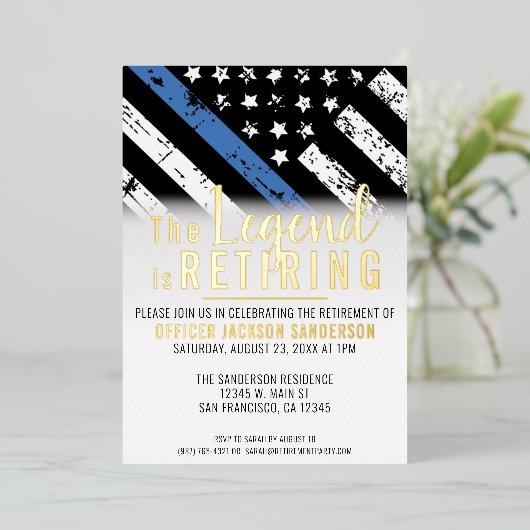 警察の退職ブルーライン旗法執行部 箔招待状 (立ち正面)