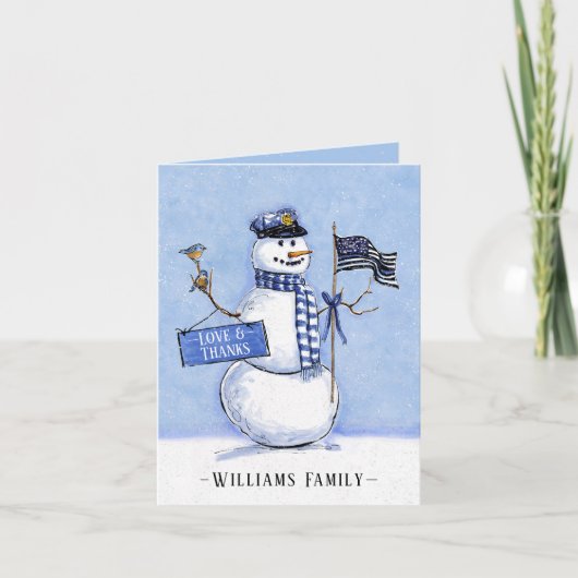 警察のThin Blue Line旗の雪だるま ホリデー サンキューカード (正面)