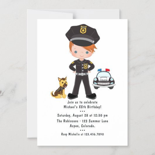 警察をテーマにしたジンジャーボーイ誕生日パーティー マグネット招待状 (正面)