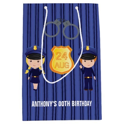 警察をテーマにした誕生日パーティーゲストサンキュー ミディアムペーパーバッグ (正面)