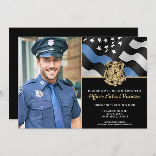 警察アカデミー卒業式 法執行機関の写真 招待状 (正面/裏面)