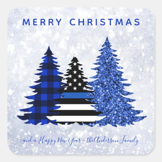 警察クリスマスシンブルーラインプレイドグリッターツリー スクエアシール (正面)