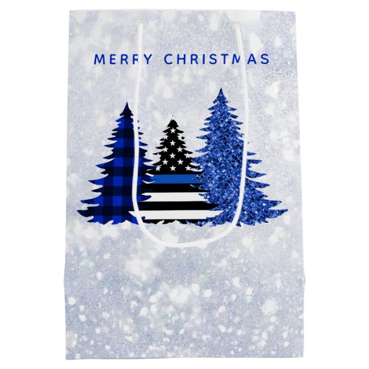 警察クリスマスシンブルーラインプレイドグリッターツリー ミディアムペーパーバッグ (裏面)