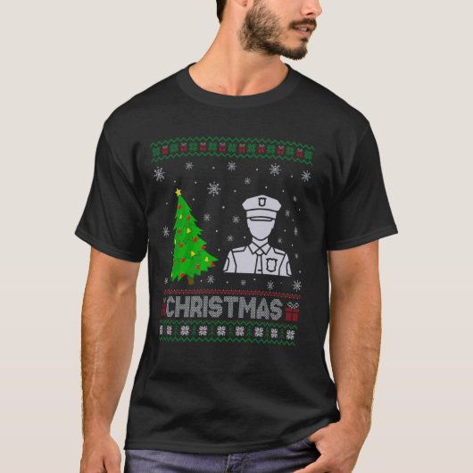 警察クリスマスツリー照明醜いクリスマスセーター Tシャツ (正面)