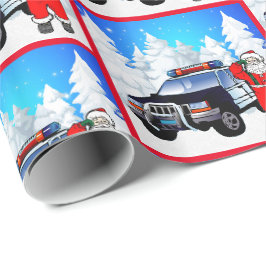 警察サンタポリス車の冬のシーンのクリスマス ラッピングペーパー