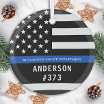 警察パーソナライズされたの細いブルーライン法執行機関 ガラスオーナメント<br><div class="desc">シンブルーライン警察官警察官クリスマスオーナメント – 米国国旗の色、黒モダンと青のデザイン。おカスタマイズ前の部名で、警察官の名前とバッジ番号でパーソナライズ。この法パーソナライズされた執行オーナメントは、警察署や法執行役員、ストッキングのスタッフや警察官へのクリスマスプレゼントに最適である。これらの警察のオーナメントを注文する大規模な大規模な警察学校や警察部門のギフト、警察のクリスマスのストッキングのスタッファー。COPYRIGHT © 2020 Judy Burrows,  Black Dog Art - All Rights Reserved.警察パーソナライズされたの細いブルーライン法執行ガラスオーナメント</div>