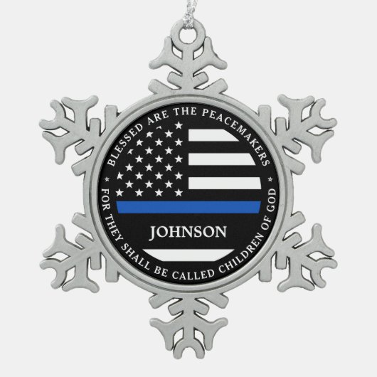警察パーソナライズされた警賛美官Thin Blue Line スノーフレークピューターオーナメント (正面)