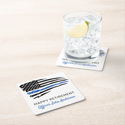 警察パーティーの青い線の薄いフラグの引退 スクエアペーパーコースター (インサイチュ)