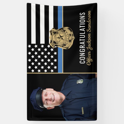 警察ブルーライン国旗のおめでとう写真退職 横断幕 (縦)